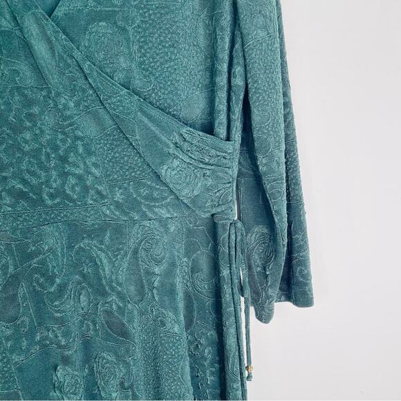 Vintage green floral faux wrap stretchy midi dress 16 - Picture 4 of 7